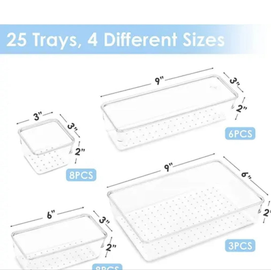 25 Pcs Desk Drawer Organizers Trays Set Clear Plastic Storage Bins Bathroom Drawer Tray Dividers Vanity Trays Organizer For Bedroom Dresser Makeup Kitchen Utensil Office,Transparent
